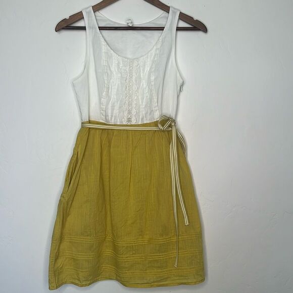 Maeve Anthropologie Jacqueline Pleated Sash Dress Chartreuse White Size 0 - Picture 1 of 8